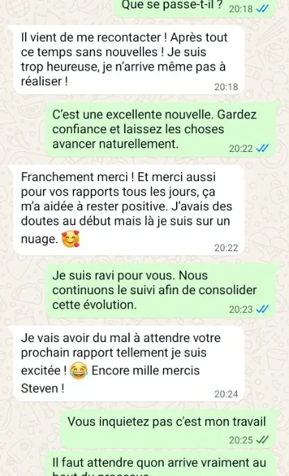 Conversation WhatsApp : reprise de contact avec l'ex après accompagnement